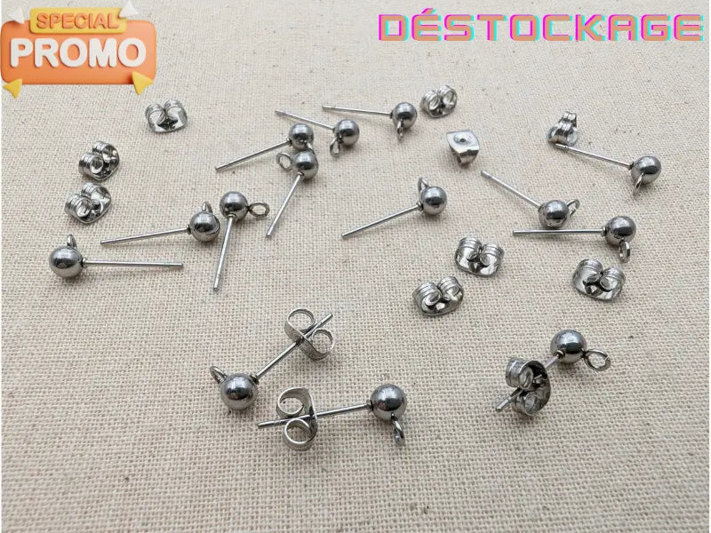 Clous d’oreilles boule avec anneau en inox 304 – 4 mm – Lot de 20 (avec poussoirs) Les Précieuses Perles