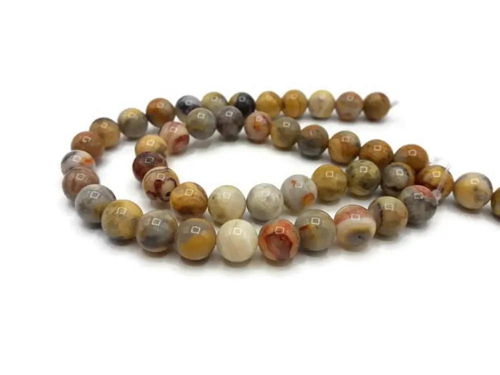 Collier 15 Perles En Agate Crazy Lace Bleu 8 Mm – Chaîne Acier Inox – Neuf Avec étiquettes
