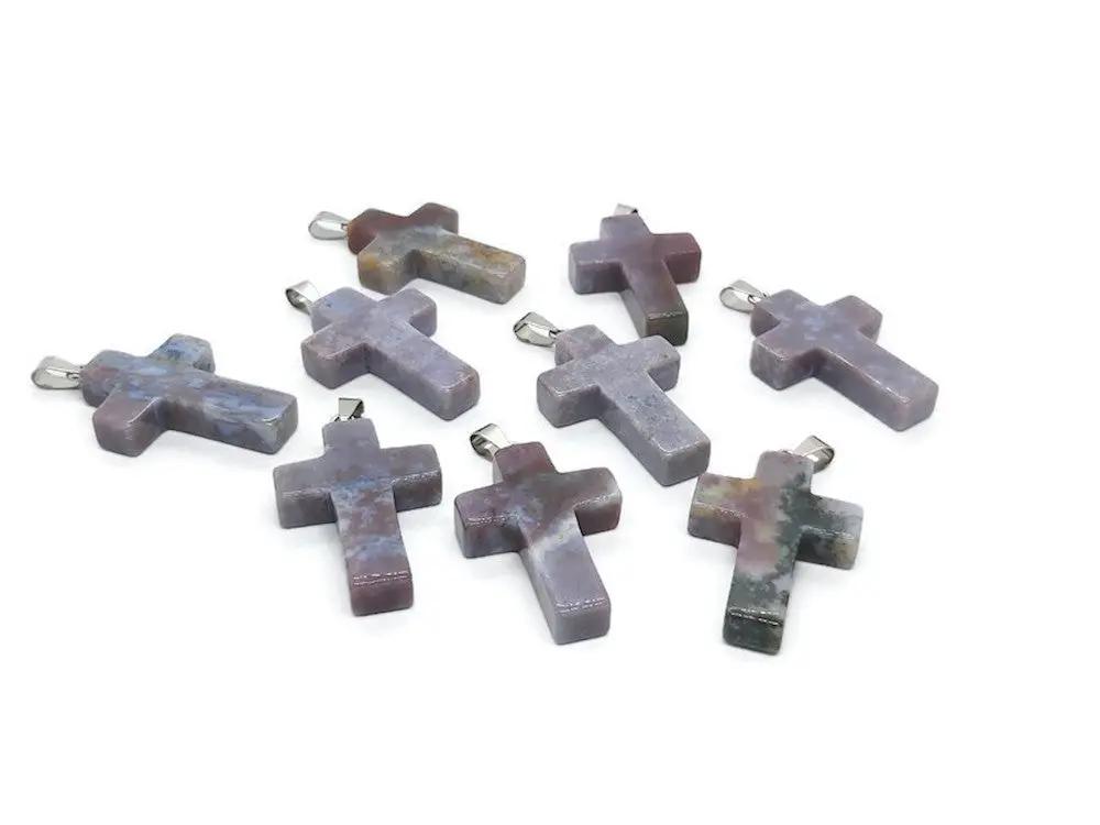 Pendentif croix en agate - Bélière inox - 1 pièce Les Précieuses Perles